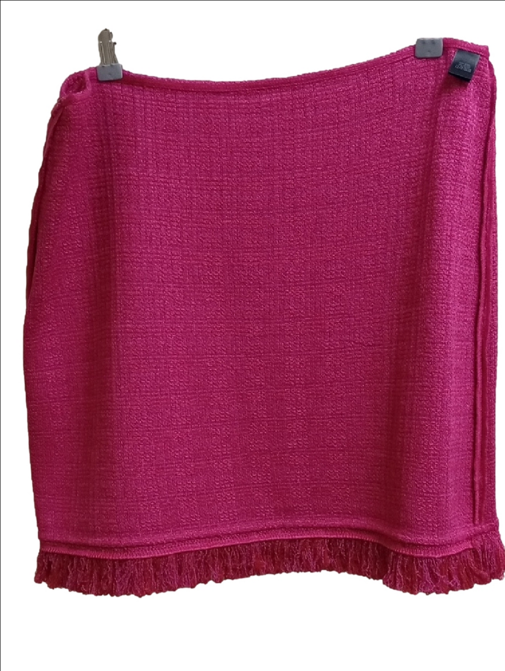 🆕 ST. JOHN "CAMELLIA" TWEED FUCHSIA PINK WOOL BLEND MINI MIDI SKIRT WITH FRINGE - Picture 6 of 12